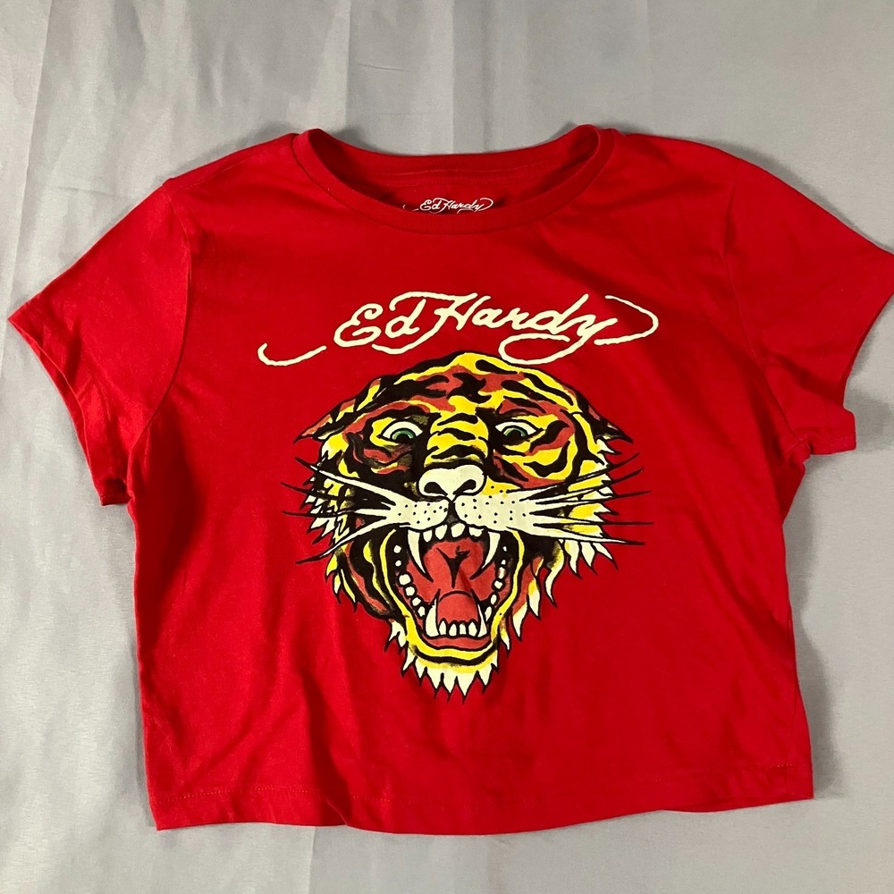 Ed Hardy Women's‎ Large Red Tiger Graphic Crop Top Tee Short Sleeve Streetwear